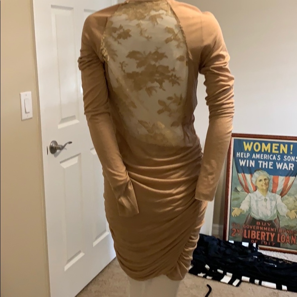 A.L.C. Tan Nude Ruched Long Sleeve Dress with Lace Cut-Out Back SM EC